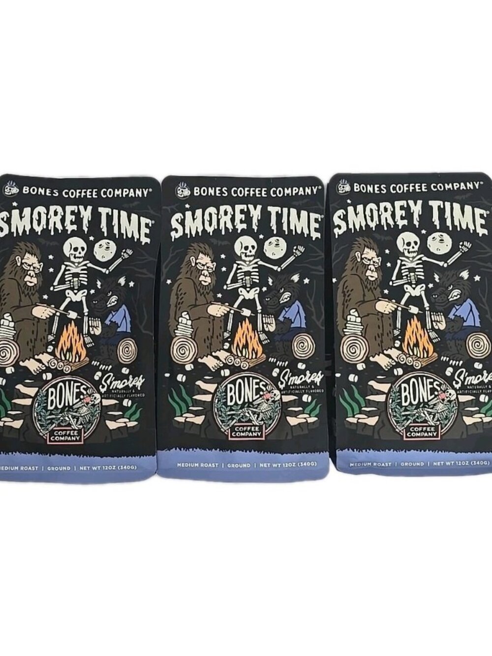 Bones Ground Coffee Smorey Time 3-PACK 12 Oz Each Bag Medium Roast